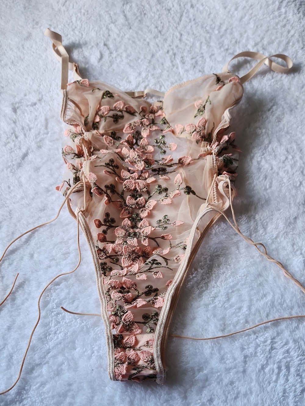 Floral Embroidered Sheer Bodysuit - Pink M